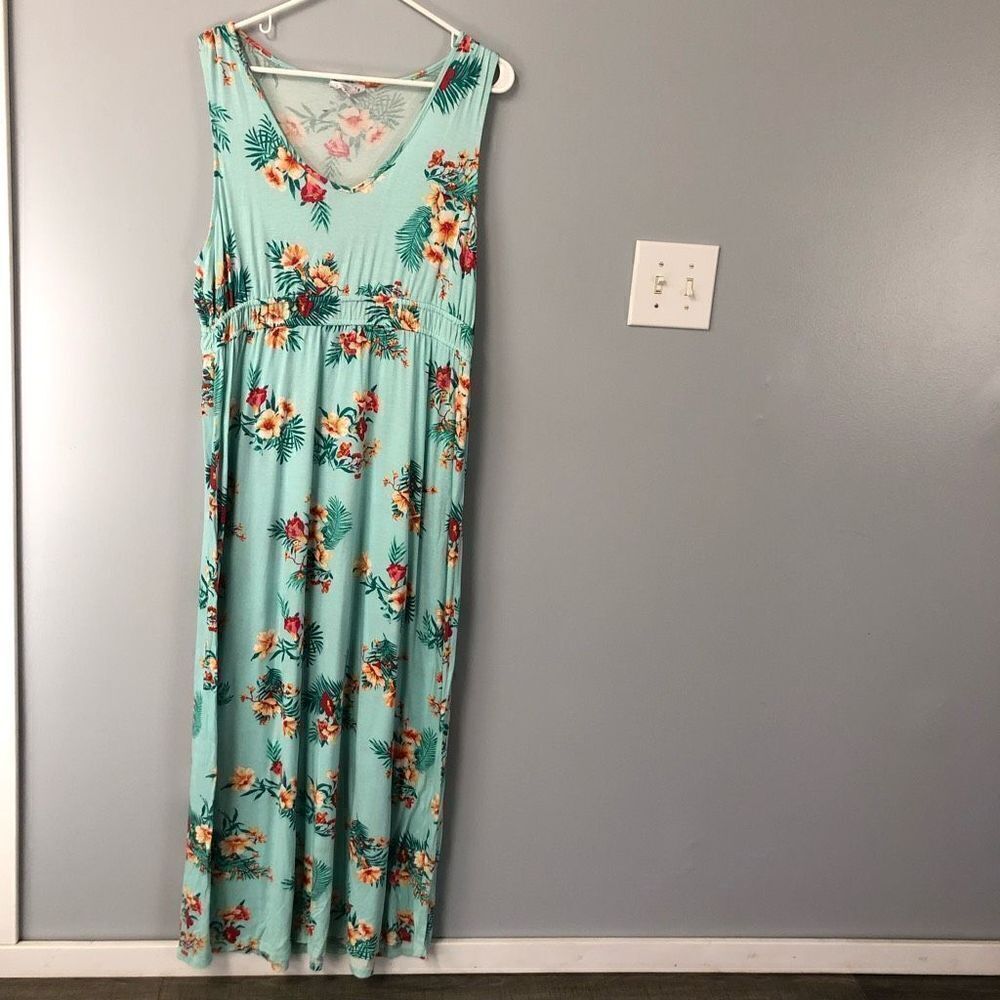 olive+oak tropical floral print‎ mint maxi tank dress size 2xl
